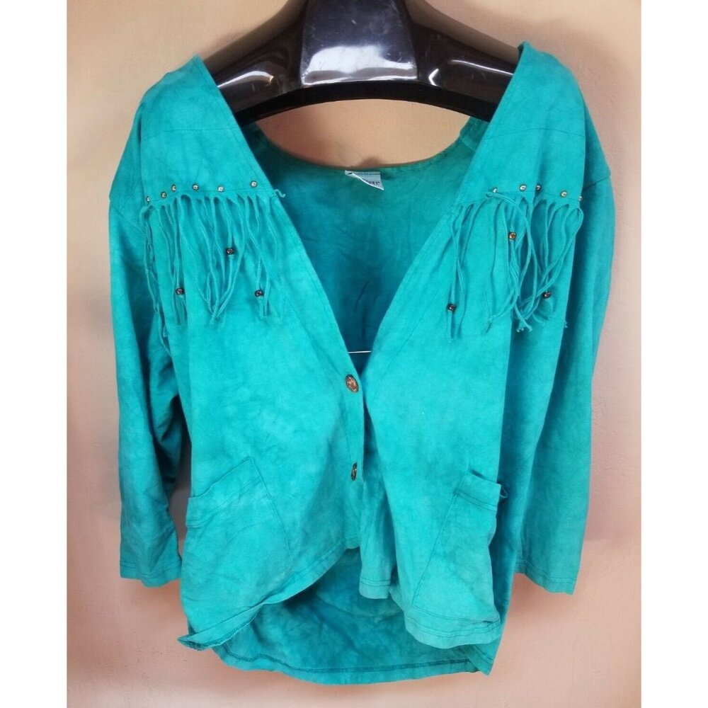Emmanuel Womens Teal Blue Cotton V-Neck Button Front Fringe Jacket One Size USA